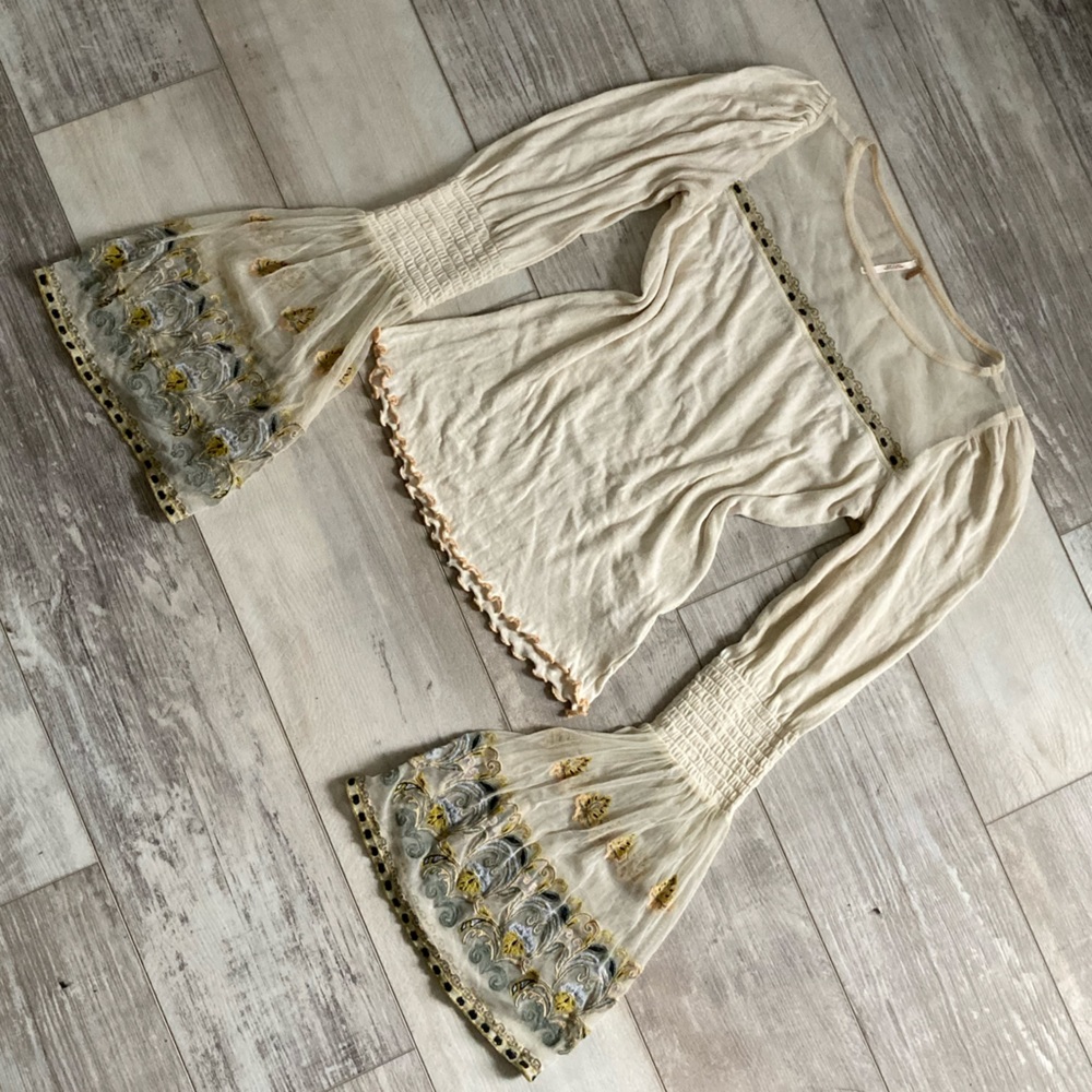 Free People Embroidered Bell Sleeve Top - Size Small